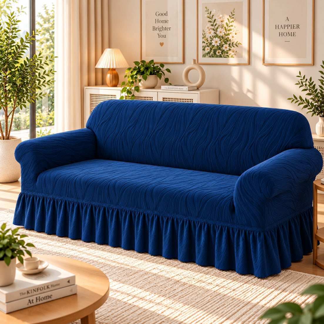 Floral Velvet Touch Sofa Cover - Blue