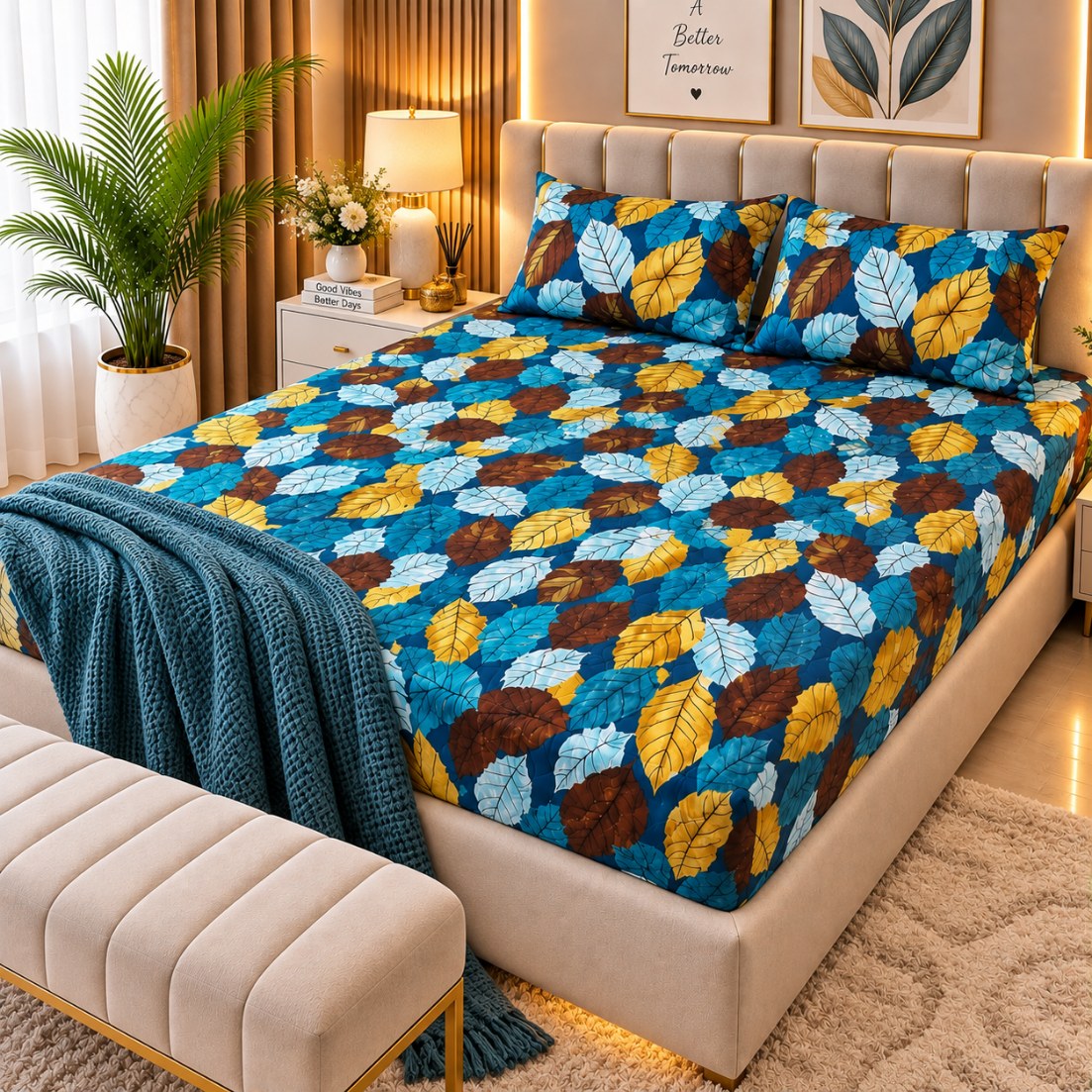 PRINTED 3-PIECE WATERPROOF QUILTED MATTRESS PROTECTOR – BLUE & GOLDEN LEAF PRINT