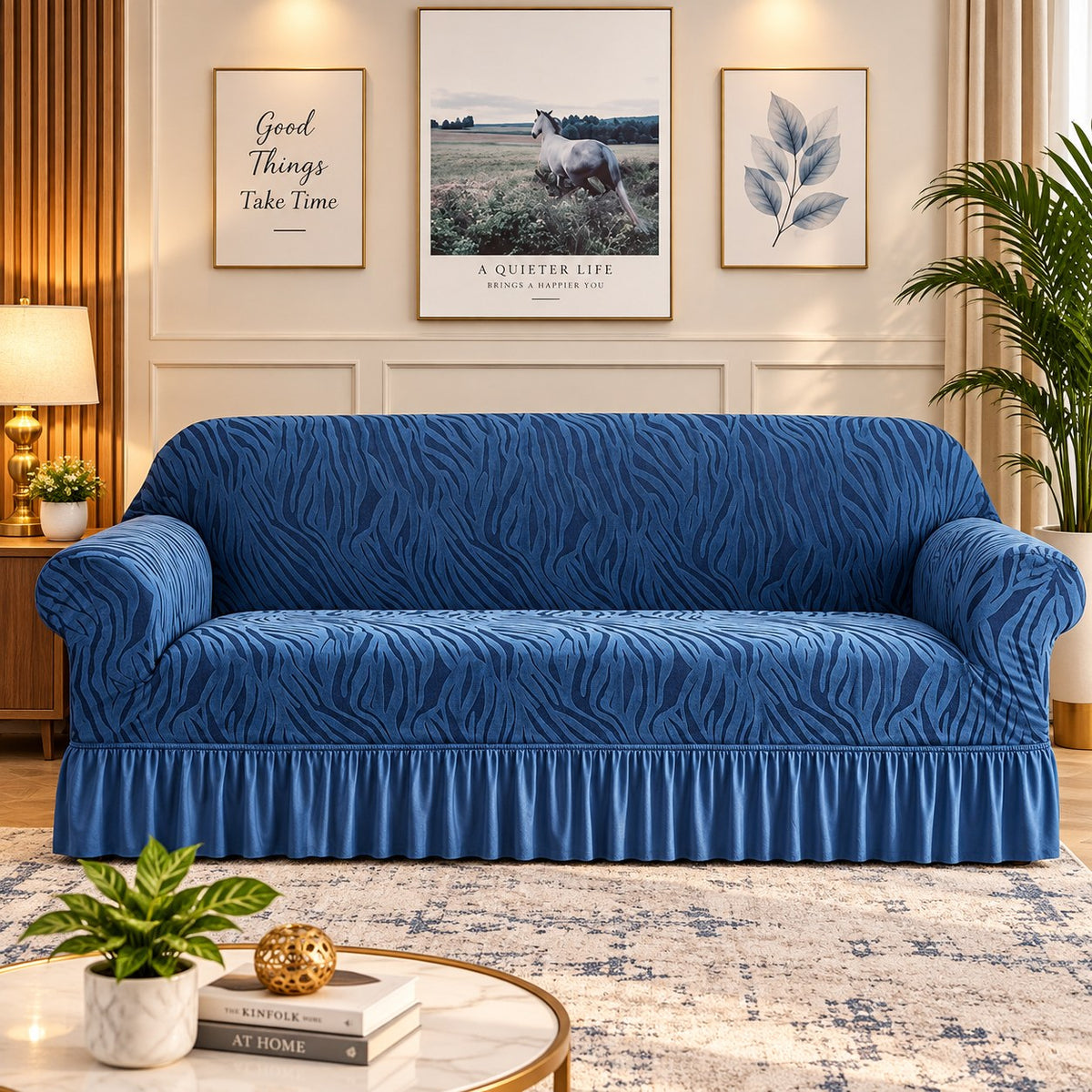 Zebra Velvet Sofa Cover (Navy Blue)