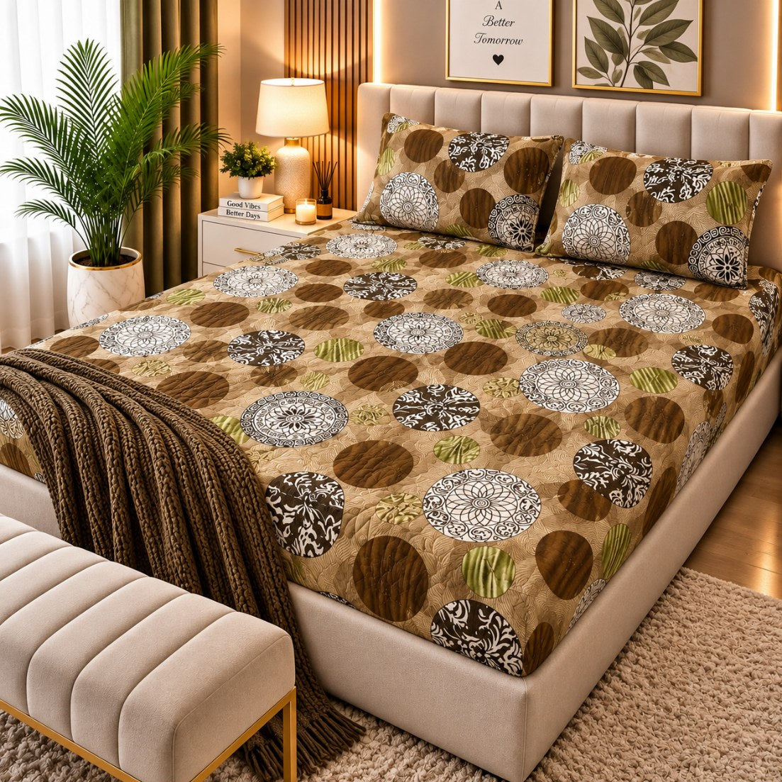 PRINTED 3-PIECE WATERPROOF QUILTED MATTRESS PROTECTOR – BROWN & OLIVE CIRCLE PRINT