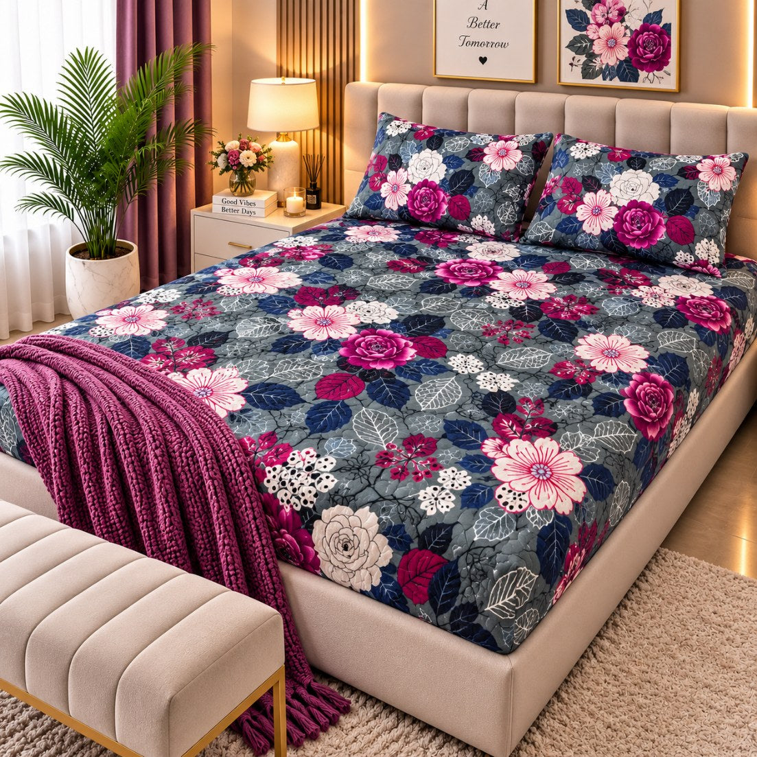 PRINTED 3-PIECE WATERPROOF QUILTED MATTRESS PROTECTOR – BLUE & PINK FLORAL