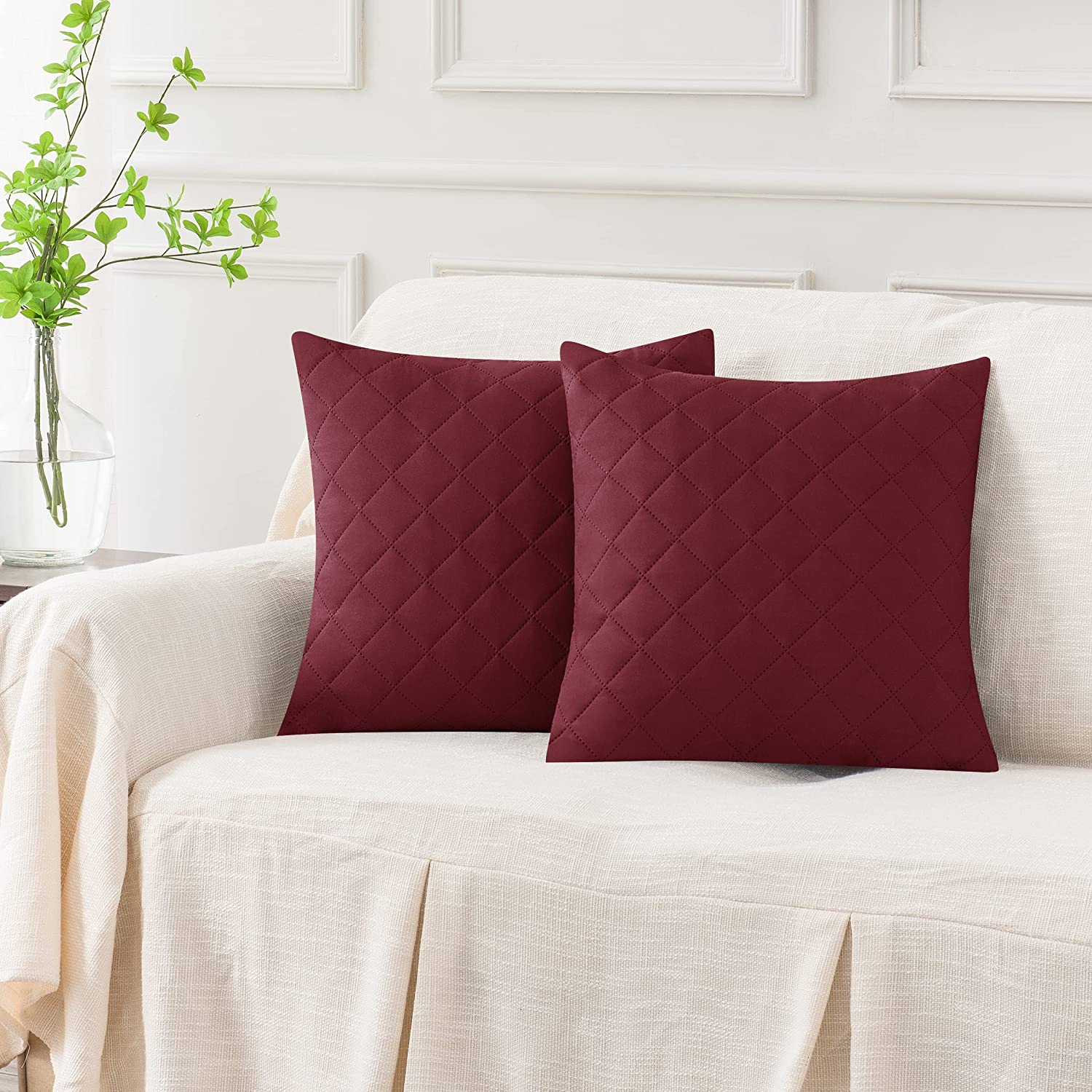 QUILTED CUSHION COVER SQUARE PATTERN 16 X 16 INCHES MAROON