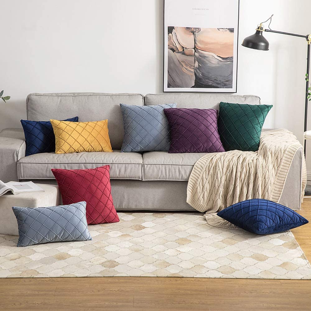 Velvet Cushion Cover Square Pattern 16 X 16 Inches - Navy Blue