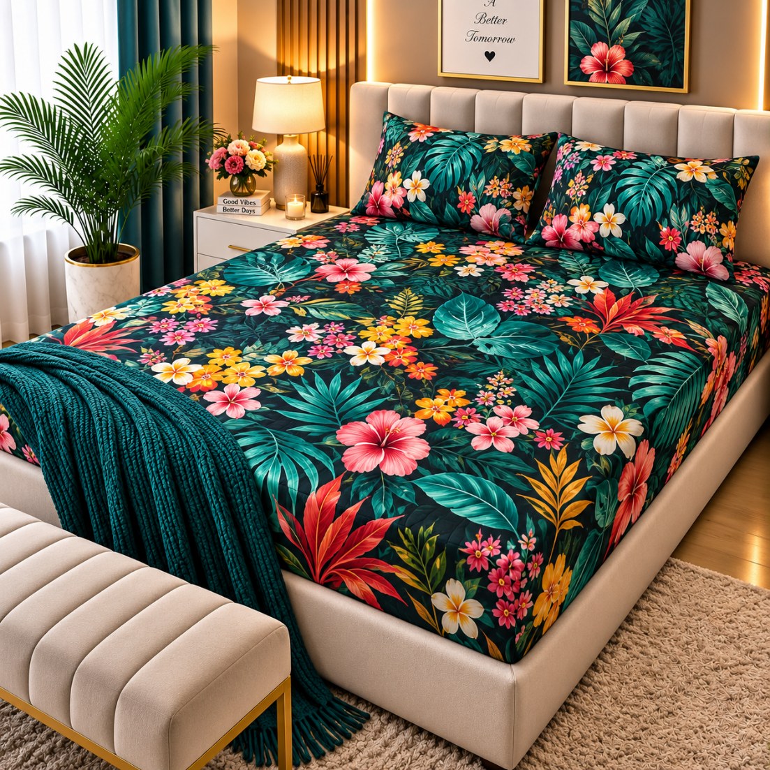 PRINTED 3-PIECE WATERPROOF QUILTED MATTRESS PROTECTOR – DARK GREEN TROPICAL PRINT