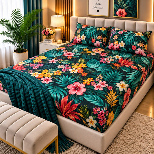 PRINTED 3-PIECE WATERPROOF QUILTED MATTRESS PROTECTOR – DARK GREEN TROPICAL PRINT