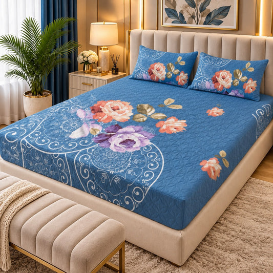PRINTED 3-PIECE WATERPROOF QUILTED MATTRESS PROTECTOR – BLUE ROSE & ORNAMENTAL PRINT