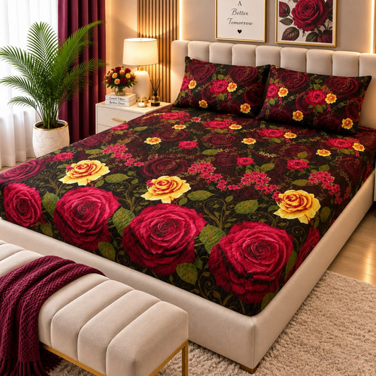 PRINTED 3-PIECE WATERPROOF QUILTED MATTRESS PROTECTOR – BLACK RED ROSE PRINT