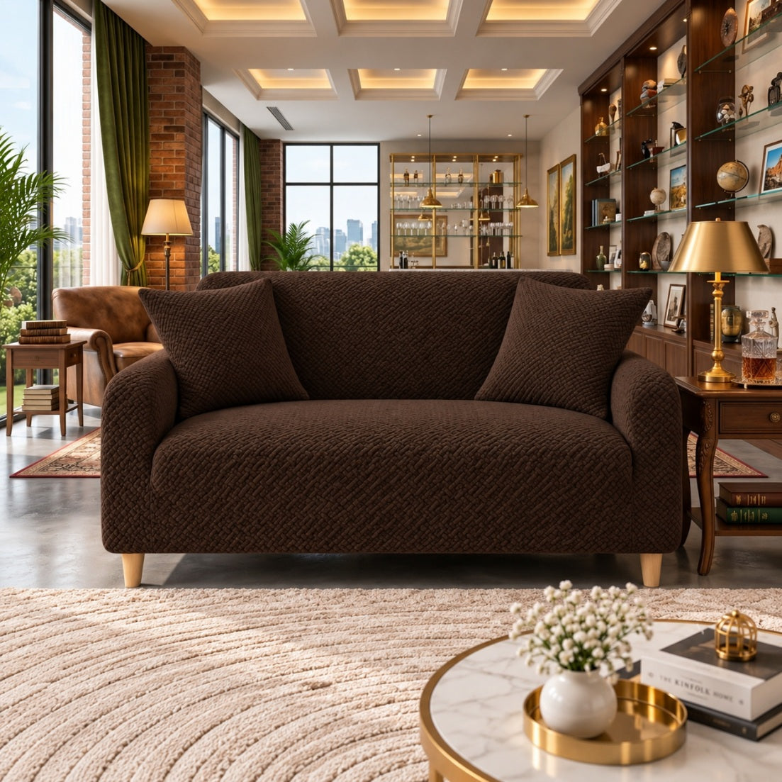 New Royal Wave Sofa Cover - Dark Brown