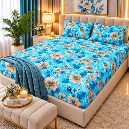 PRINTED 3-PIECE WATERPROOF QUILTED MATTRESS PROTECTOR – SKY BLUE FLORAL