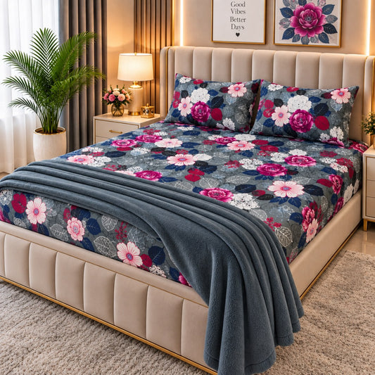 PRINTED 3-PIECE WATERPROOF QUILTED MATTRESS PROTECTOR – GREY PINK ROSE PRINT