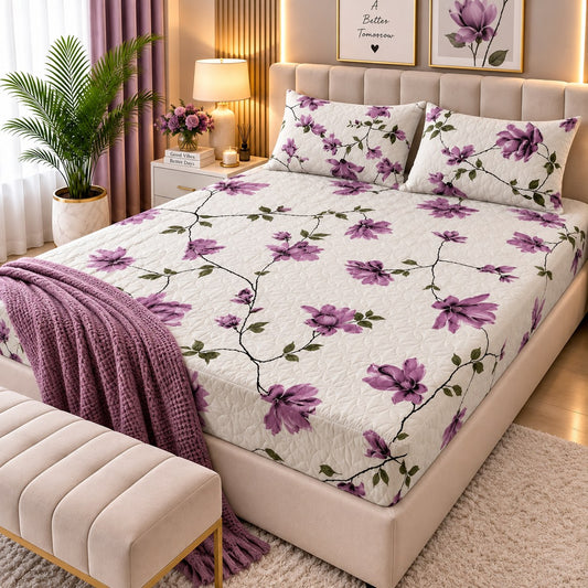 PRINTED 3-PIECE WATERPROOF QUILTED MATTRESS PROTECTOR – WHITE & PURPLE VINE PRINT