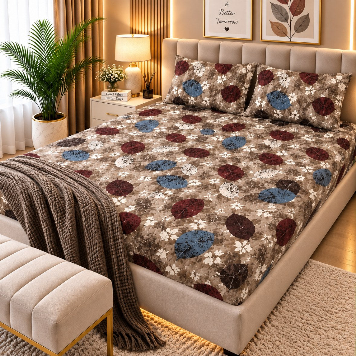PRINTED 3-PIECE WATERPROOF QUILTED MATTRESS PROTECTOR – BROWN LEAF CIRCLE PRINT