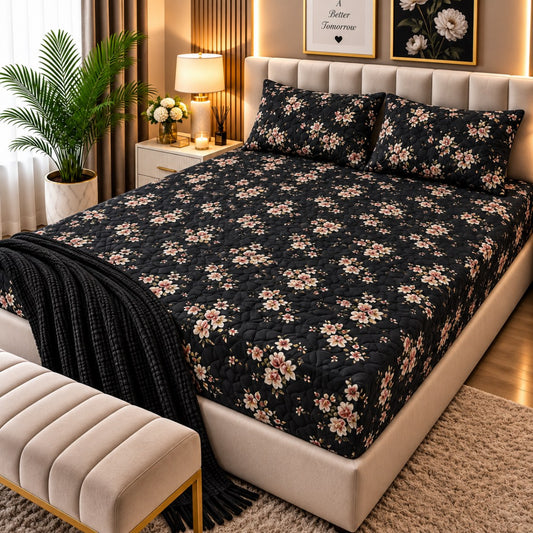 PRINTED 3-PIECE WATERPROOF QUILTED MATTRESS PROTECTOR – BLACK MINI FLOWER PRINT