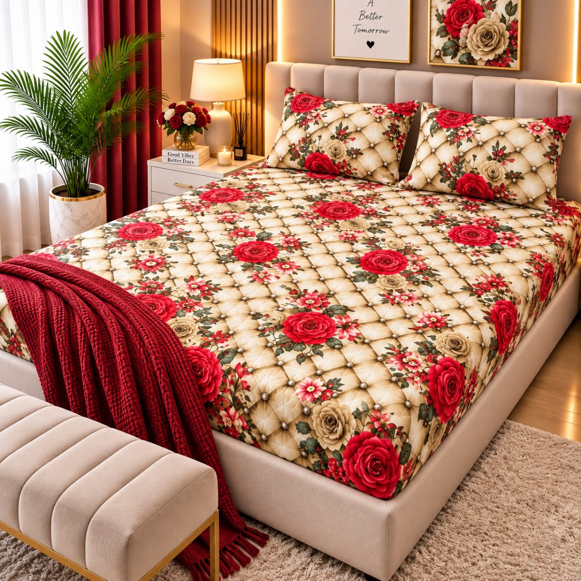 PRINTED 3-PIECE WATERPROOF QUILTED MATTRESS PROTECTOR – CREAM RED ROSE PRINT