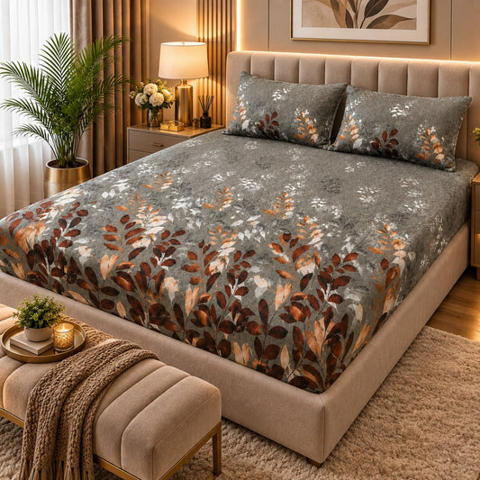 PRINTED 3-PIECE WATERPROOF QUILTED MATTRESS PROTECTOR – GREY AUTUMN LEAF