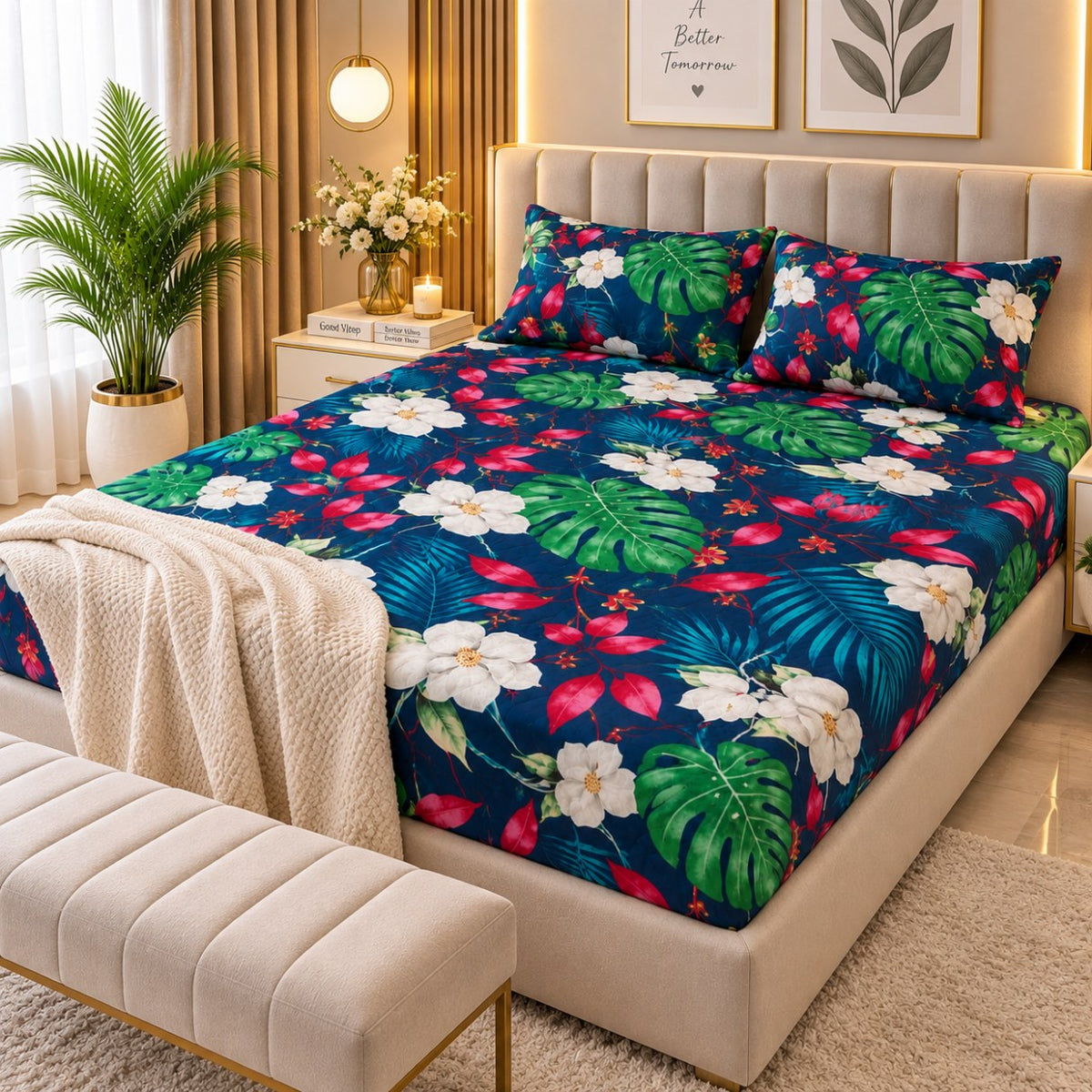 PRINTED 3-PIECE WATERPROOF QUILTED MATTRESS PROTECTOR – NAVY BLUE TROPICAL FLORAL