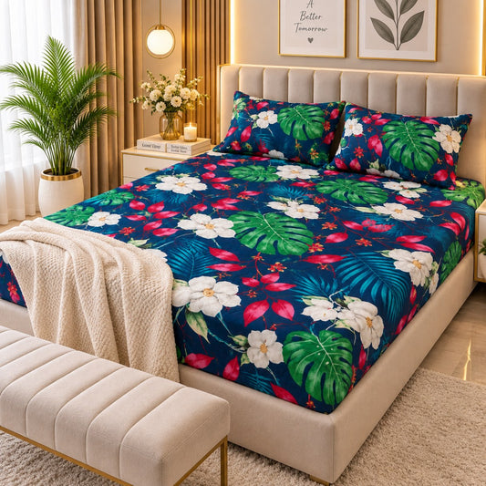 PRINTED 3-PIECE WATERPROOF QUILTED MATTRESS PROTECTOR – NAVY BLUE TROPICAL FLORAL