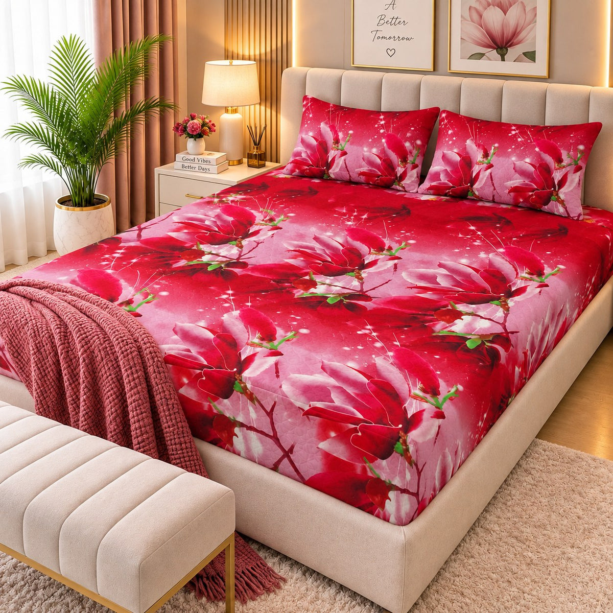 PRINTED 3-PIECE WATERPROOF QUILTED MATTRESS PROTECTOR – RED PINK BLOSSOM PRINT