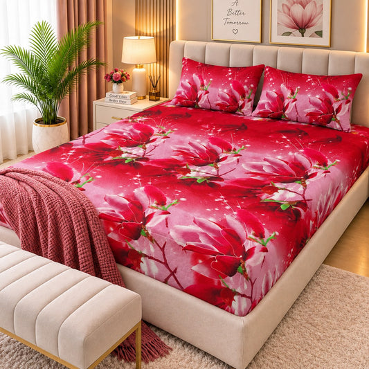 PRINTED 3-PIECE WATERPROOF QUILTED MATTRESS PROTECTOR – RED PINK BLOSSOM PRINT