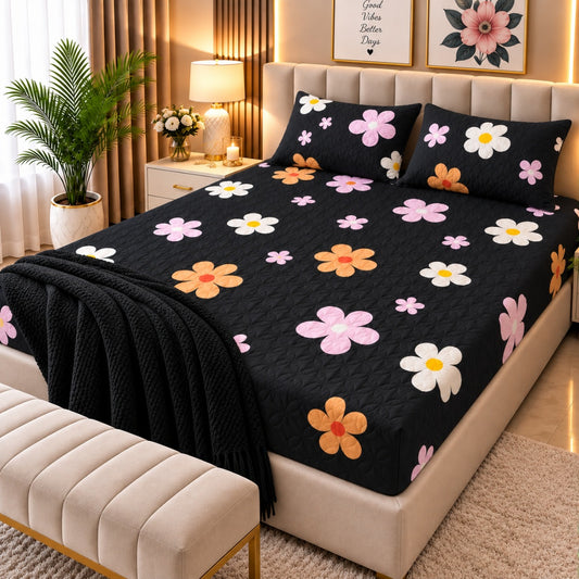 PRINTED 3-PIECE WATERPROOF QUILTED MATTRESS PROTECTOR – BLACK PASTEL FLOWER PRINT