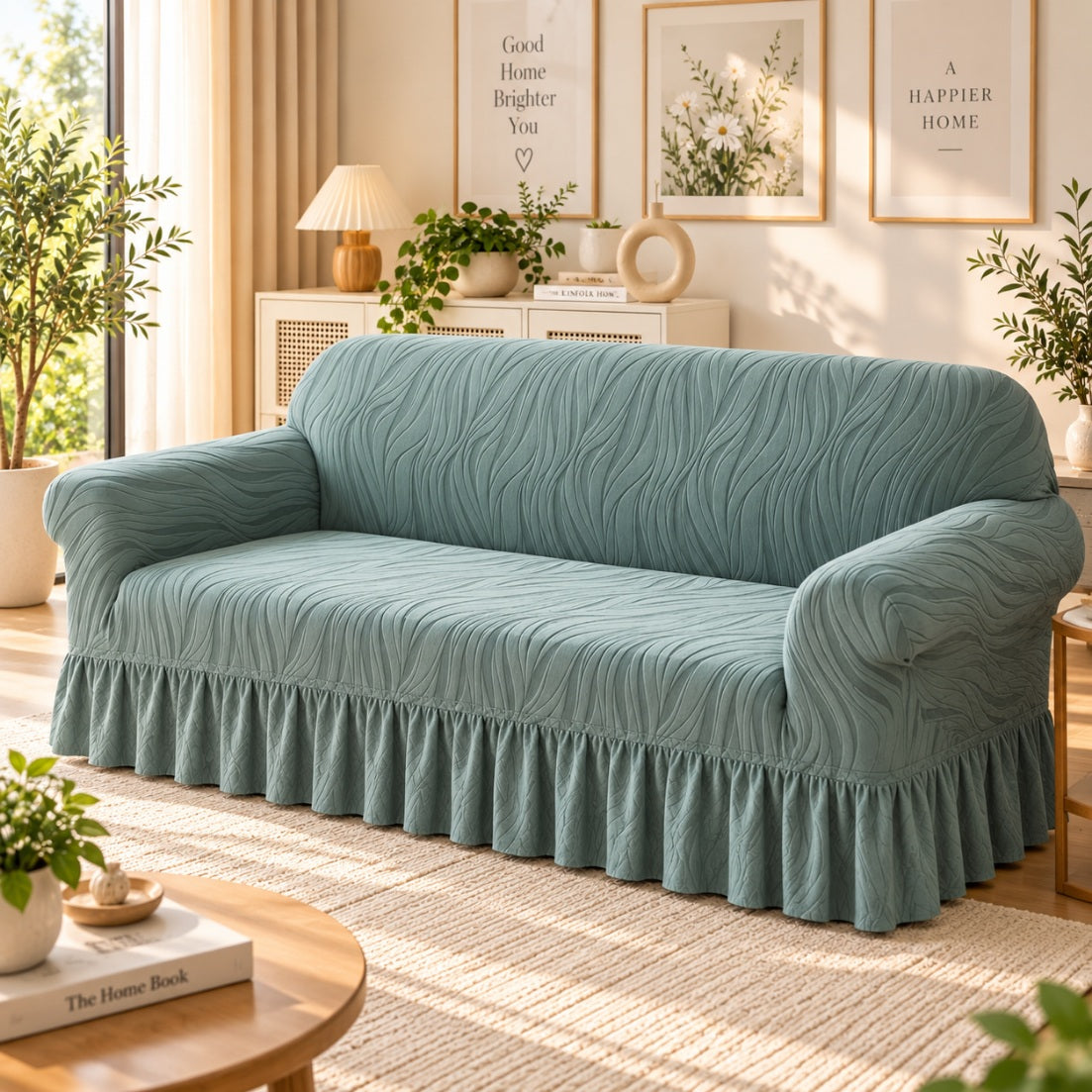 Floral Velvet Touch Sofa Cover - Coral Green