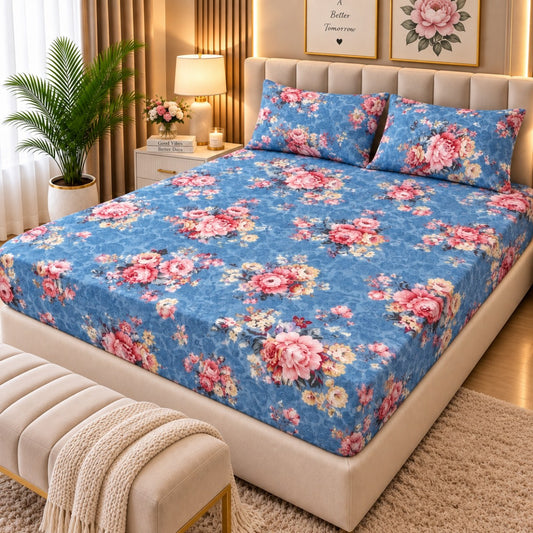 PRINTED 3-PIECE WATERPROOF QUILTED MATTRESS PROTECTOR – SKY BLUE GARDEN PRINT