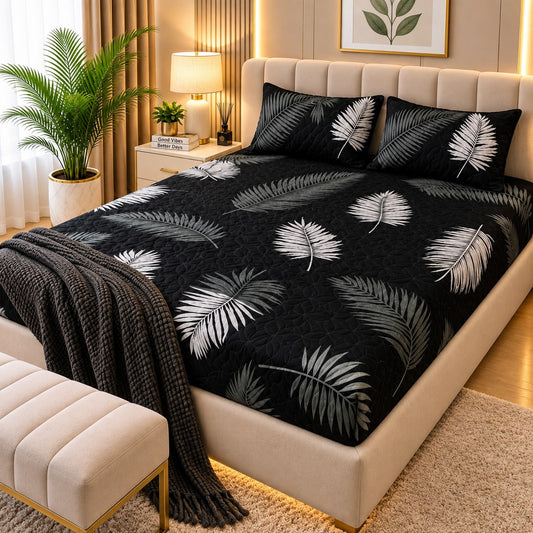 PRINTED 3-PIECE WATERPROOF QUILTED MATTRESS PROTECTOR – BLACK TROPICAL LEAF
