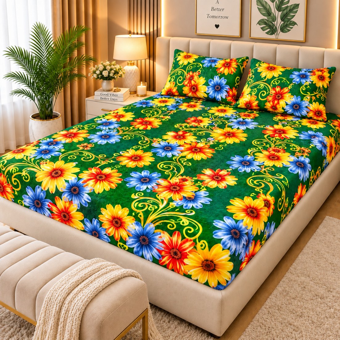 PRINTED 3-PIECE WATERPROOF QUILTED MATTRESS PROTECTOR – GREEN MULTICOLOR FLORAL