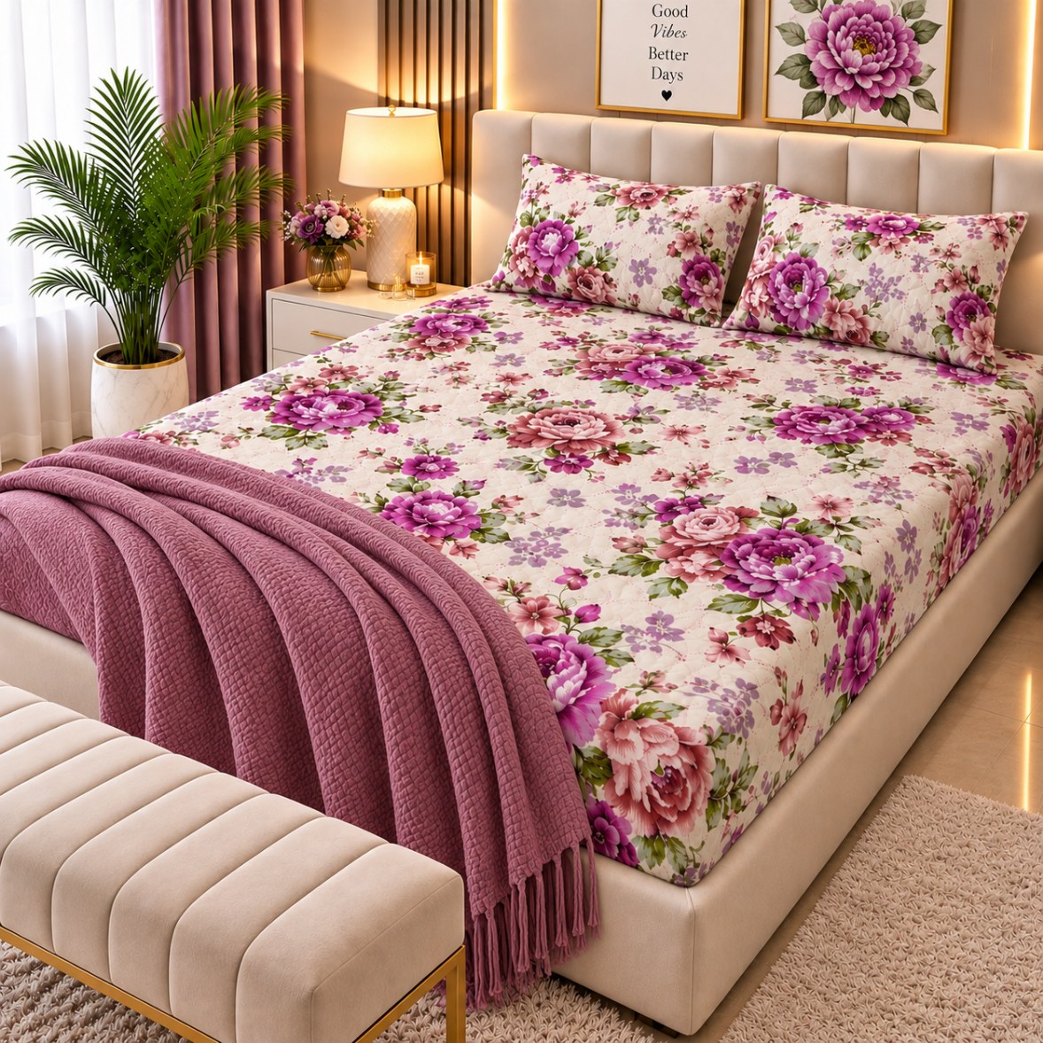 PRINTED 3-PIECE WATERPROOF QUILTED MATTRESS PROTECTOR – CREAM & PURPLE ROSE PRINT