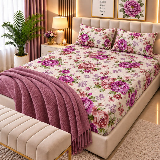 PRINTED 3-PIECE WATERPROOF QUILTED MATTRESS PROTECTOR – CREAM & PURPLE ROSE PRINT