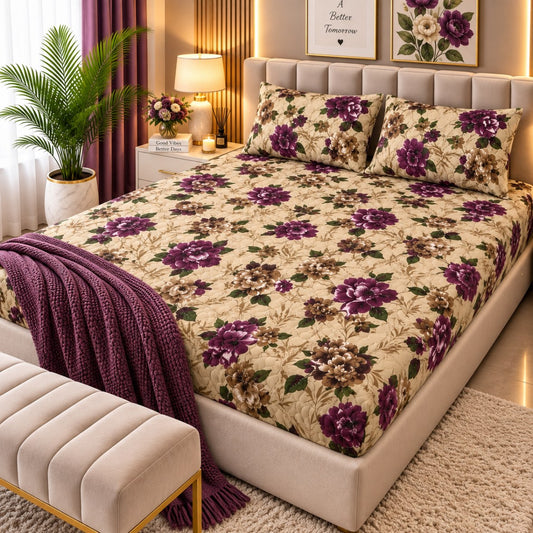 PRINTED 3-PIECE WATERPROOF QUILTED MATTRESS PROTECTOR – PURPLE FLORAL