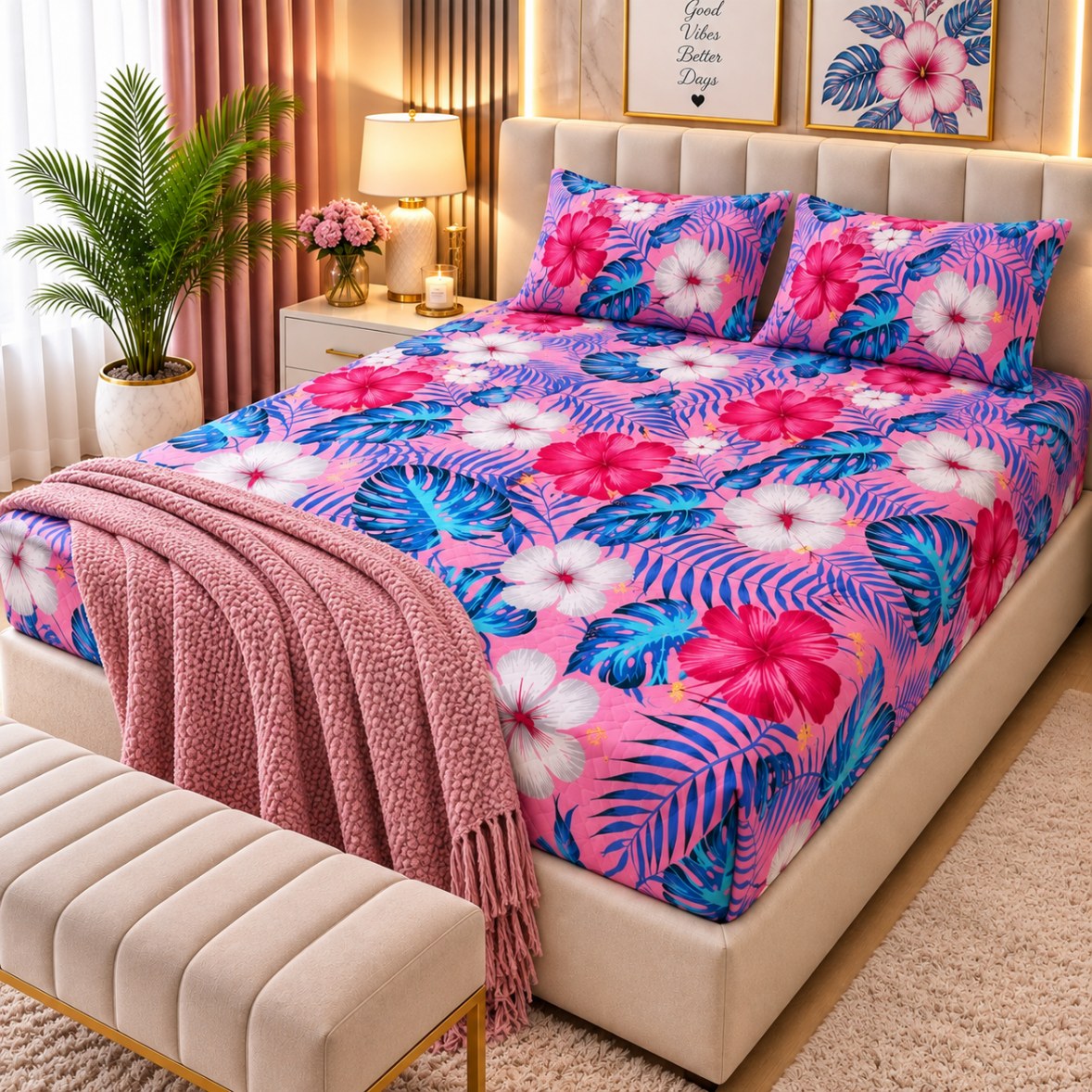 PRINTED 3-PIECE WATERPROOF QUILTED MATTRESS PROTECTOR – PINK TROPICAL LEAF PRINT