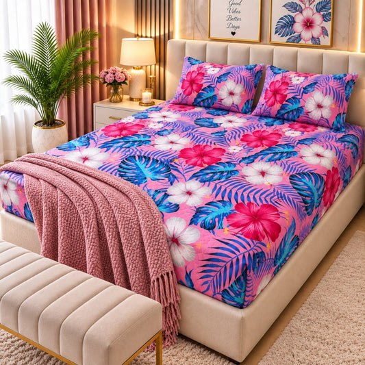 PRINTED 3-PIECE WATERPROOF QUILTED MATTRESS PROTECTOR – PINK TROPICAL LEAF PRINT