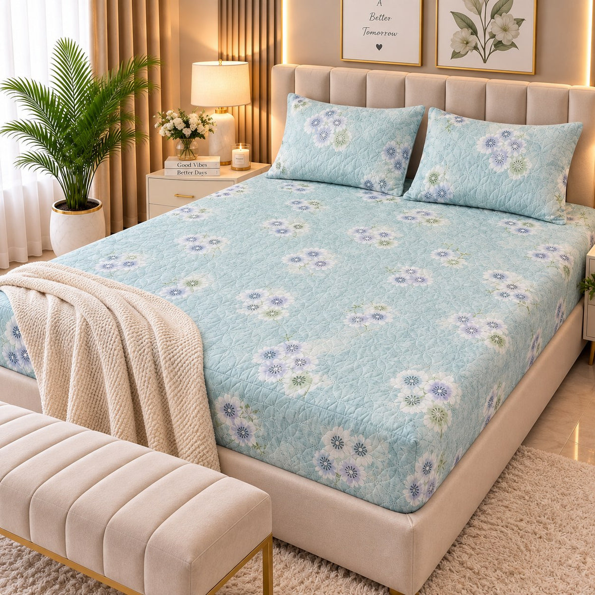 PRINTED 3-PIECE WATERPROOF QUILTED MATTRESS PROTECTOR – LIGHT BLUE DAISY PRINT