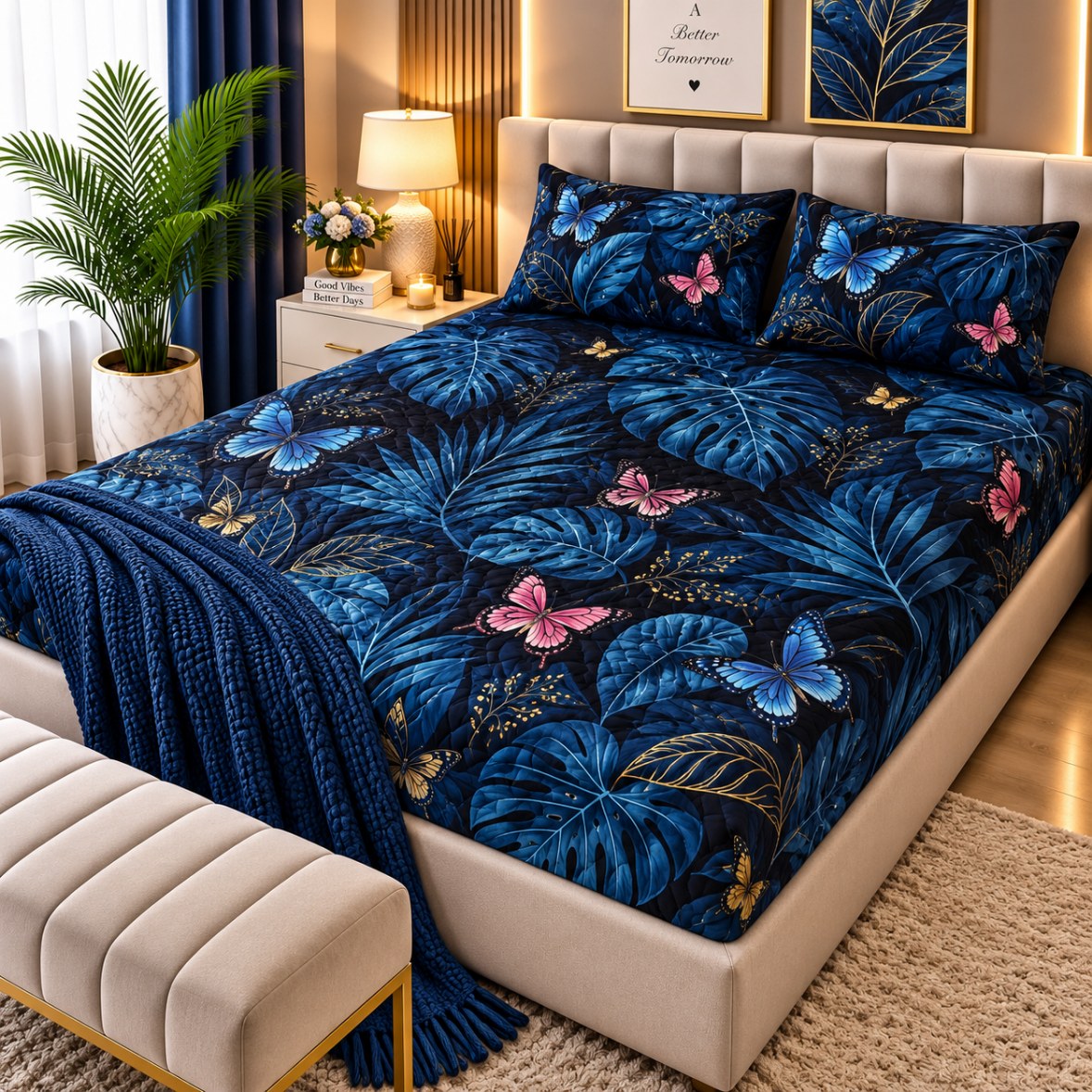 PRINTED 3-PIECE WATERPROOF QUILTED MATTRESS PROTECTOR – NAVY BLUE BUTTERFLY & TROPICAL LEAF PRINT