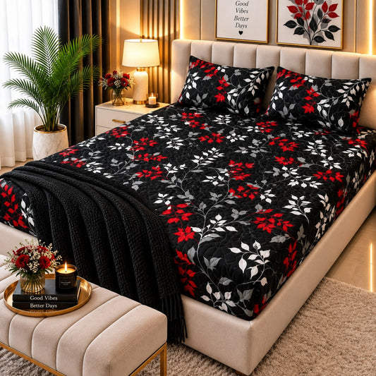 PRINTED 3-PIECE WATERPROOF QUILTED MATTRESS PROTECTOR – BLACK RED FLORAL