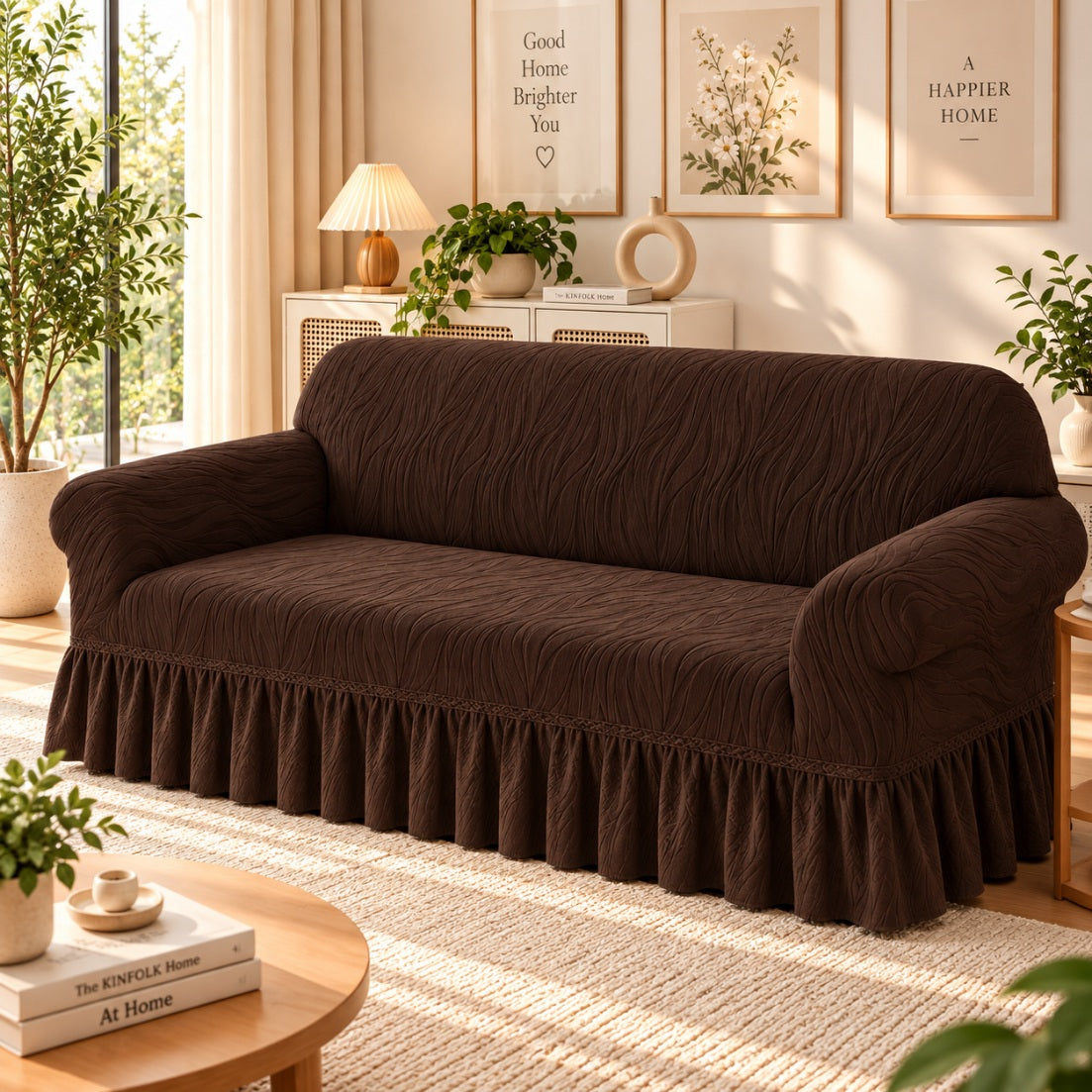 Floral Velvet Touch Sofa Cover - Dark Brown