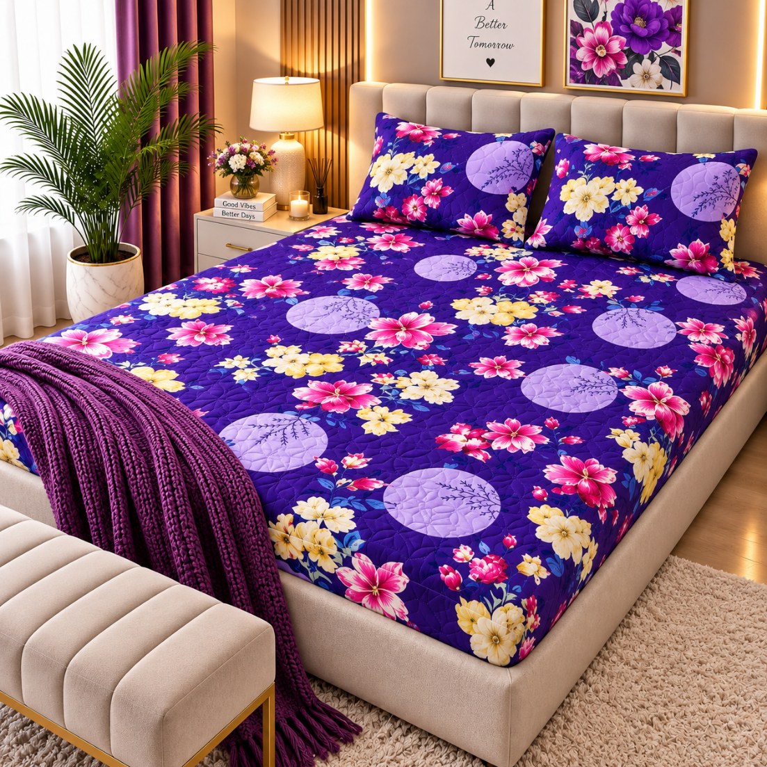 PRINTED 3-PIECE WATERPROOF QUILTED MATTRESS PROTECTOR – PURPLE CIRCLE & BLOSSOM PRINT