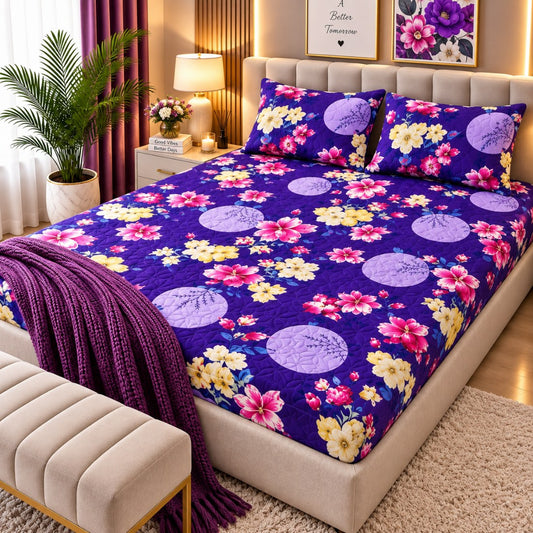 PRINTED 3-PIECE WATERPROOF QUILTED MATTRESS PROTECTOR – PURPLE CIRCLE & BLOSSOM PRINT