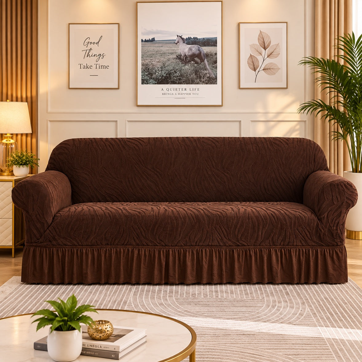 Zebra Velvet Sofa Cover (Dark Brown)